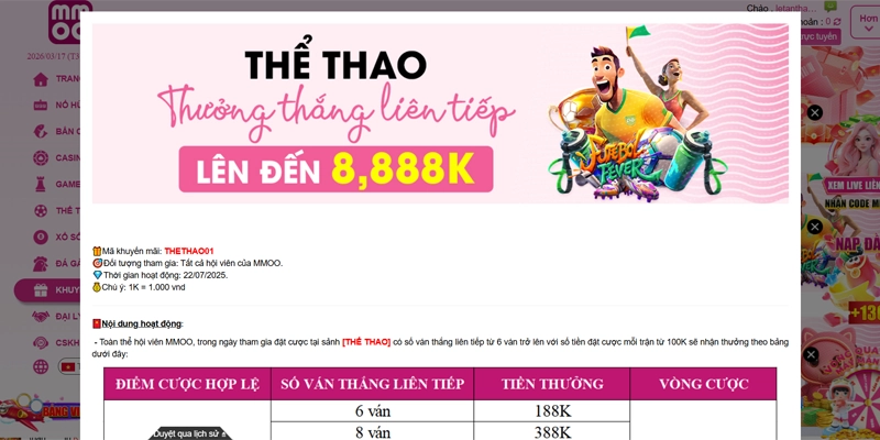 Khuyến mãi MMOO thắng cược thể thao thưởng 8,888K